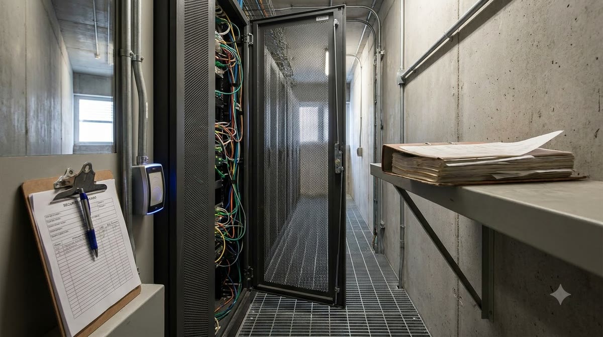 Hành lang máy chủ với bảng quy định, đầu đọc thẻ và cửa rack mở hé