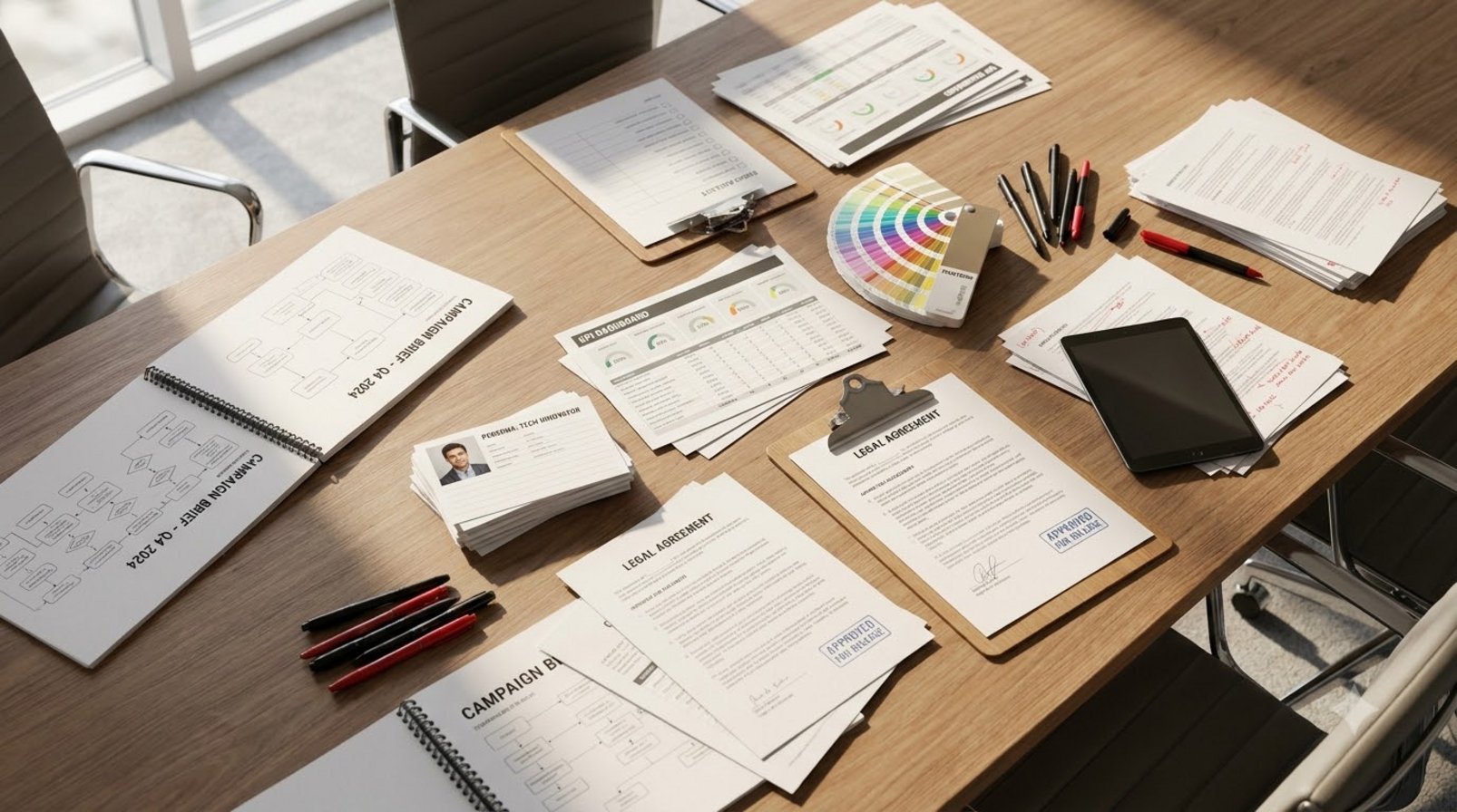 A marketing meeting table full of briefs, KPIs, personas, and standardized process documents