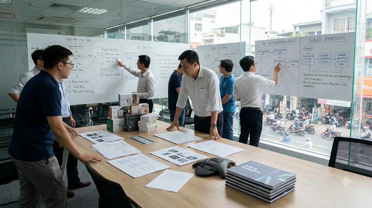 Nhóm marketing ở phòng họp tại Việt Nam xem lại bản in và ghi chú quy trình