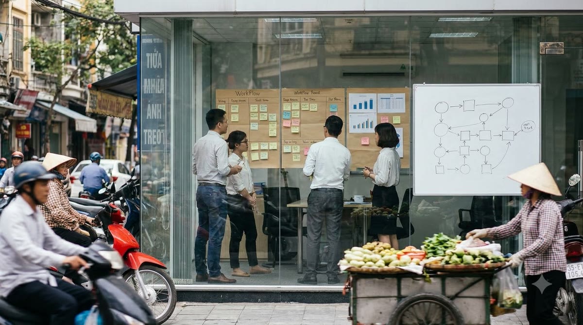 Meeting room in a Vietnamese neighborhood with a paper process board and sticky notes