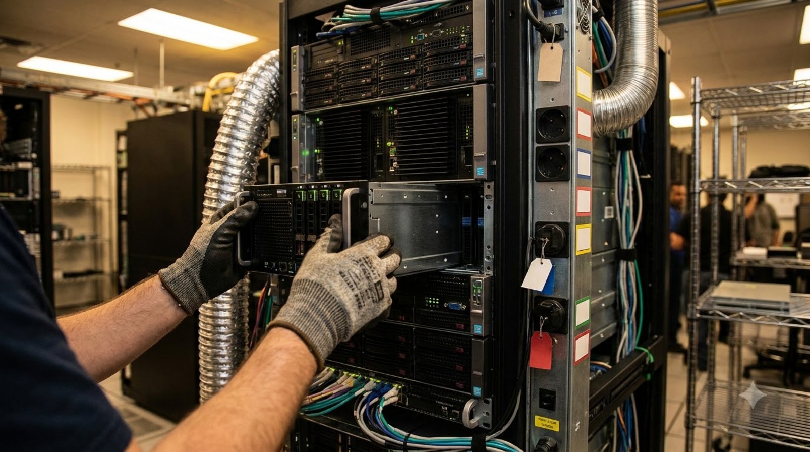 Inference server cluster in a data center with a technician operating equipment