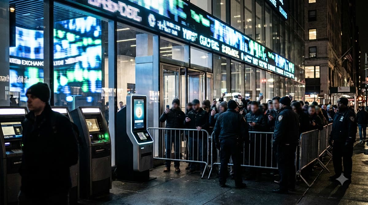 Cảnh sự kiện phát hành token bên ngoài khu tài chính, đám đông xem giao dịch