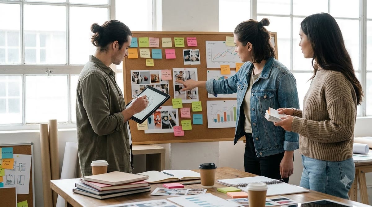 Nhóm marketer nhỏ sắp xếp bản nháp và thẻ bình luận trên bảng kế hoạch