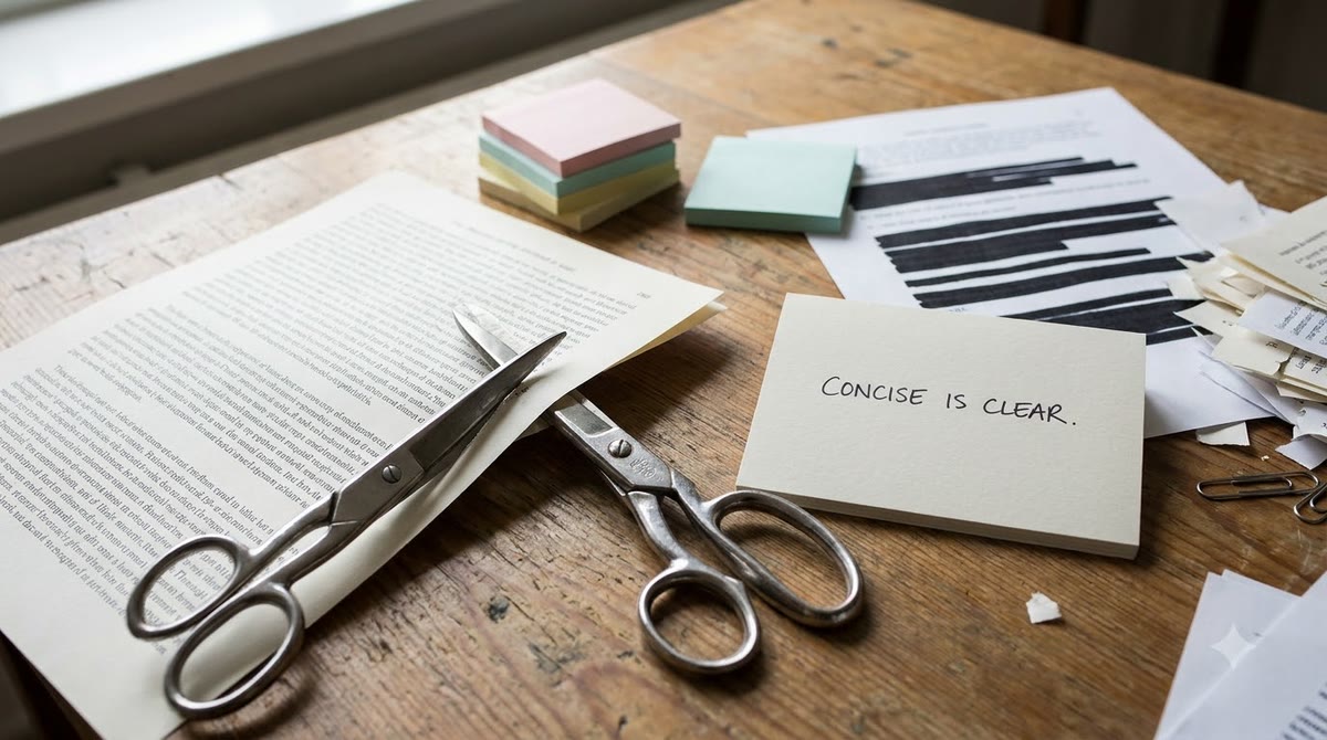 Scissors cutting away excess from a printed page, leaving only a compact message block