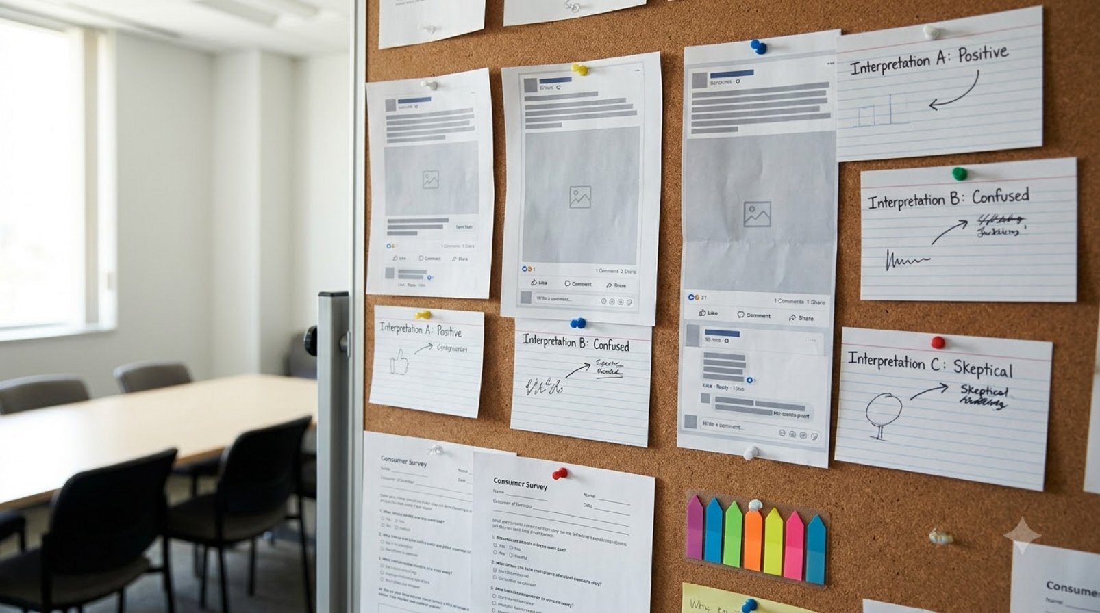 Social media posts and survey forms pinned beside user interview notes