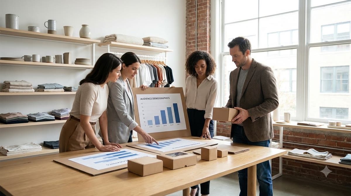 Nhóm marketer quan sát mẫu sản phẩm và bảng chân dung khách hàng trong showroom