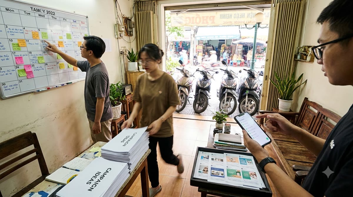 Đội nhỏ ở văn phòng Việt Nam chuẩn hóa quy trình với lịch, giấy và checklist