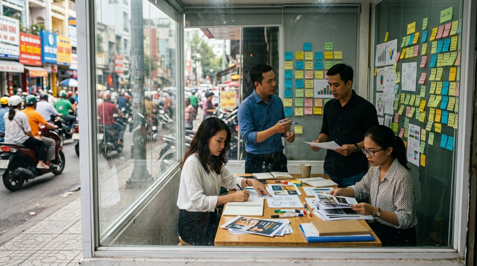 Nhóm marketing nhìn qua cửa kính giữa phố đông, bên bàn dán ghi chú giấy