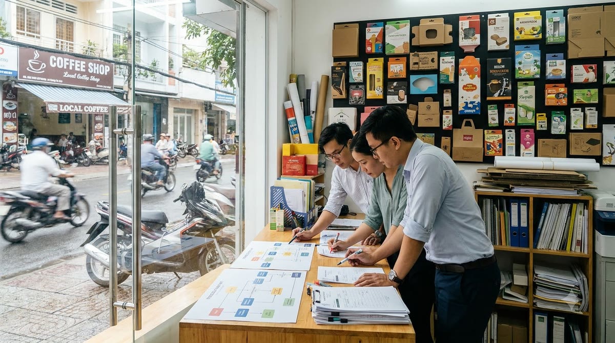 Agency team reviewing process diagrams and approval forms in a small shop
