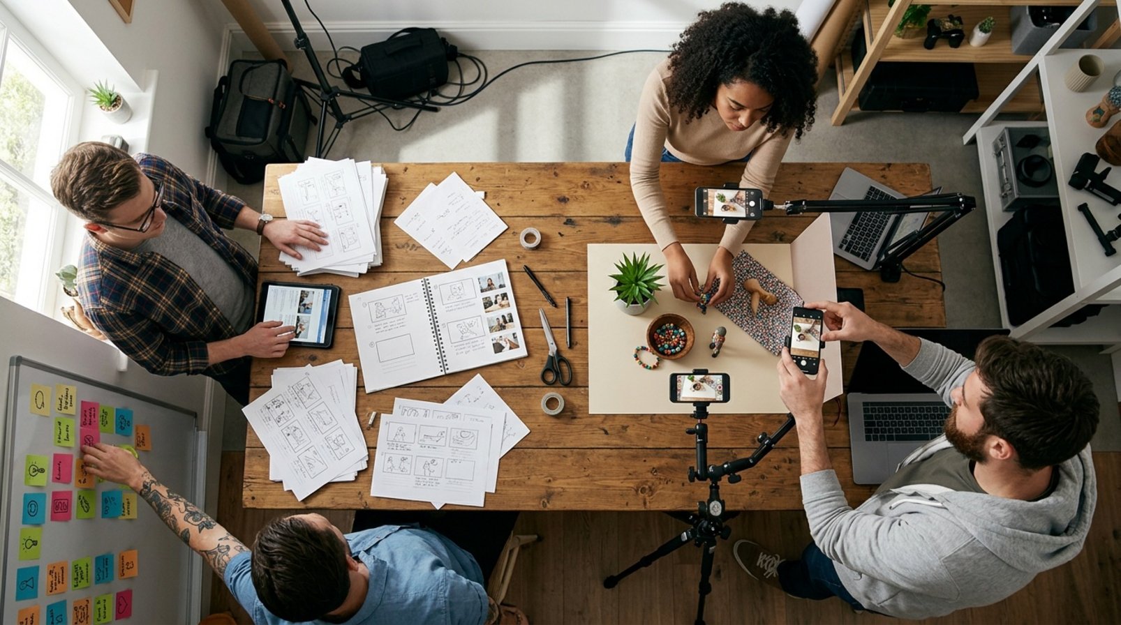 A creative team preparing multiple content versions in a small studio