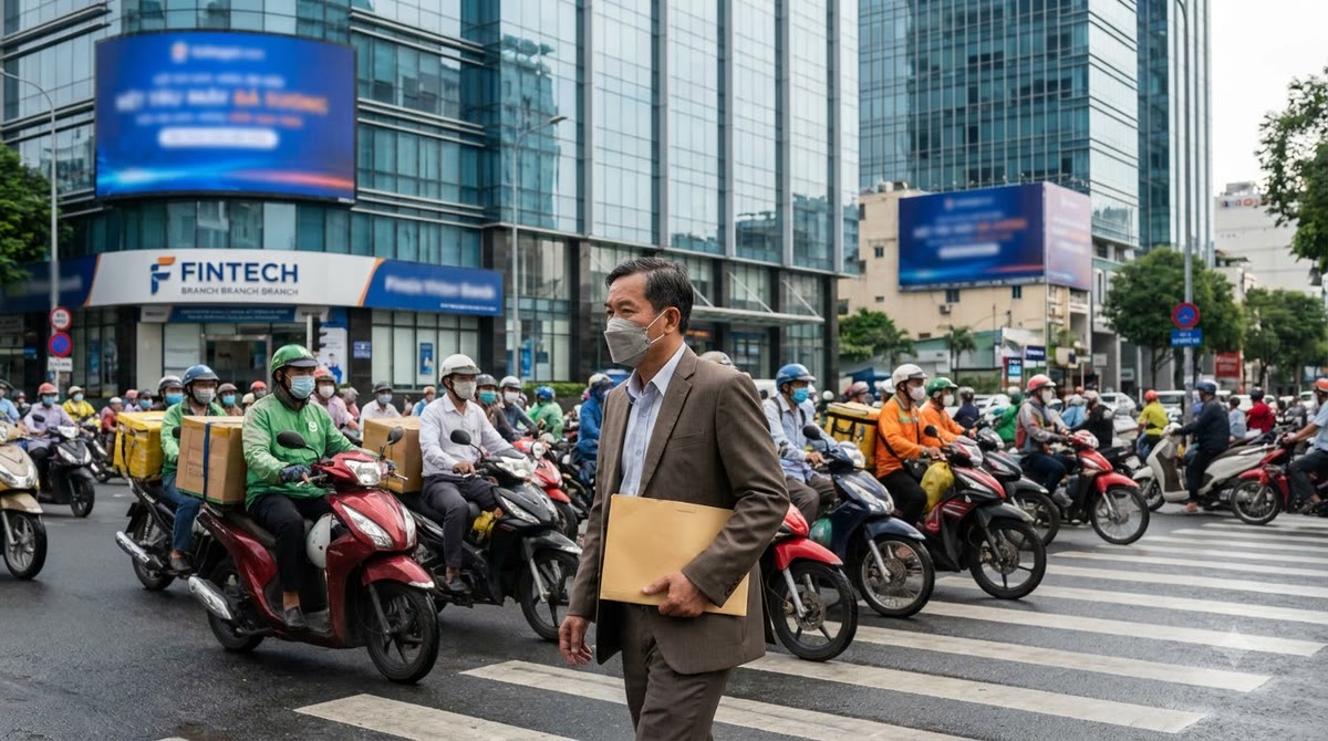 An office worker walking through a downtown intersection with modern buildings