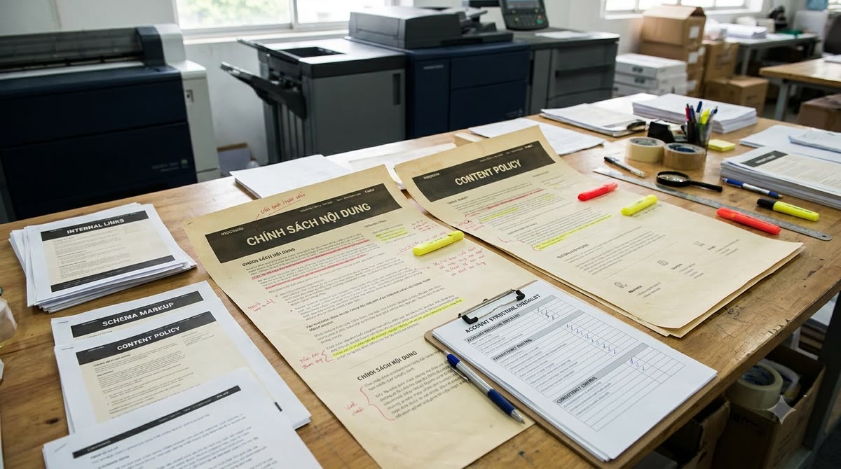 A bilingual content review desk with website printouts, a link map, and a paper checklist
