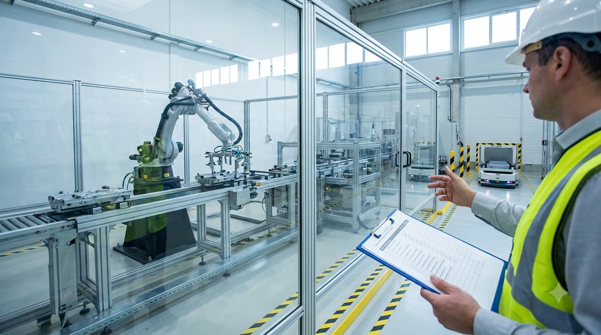 Robotic arm working behind safety glass, with a supervisor holding an approval list