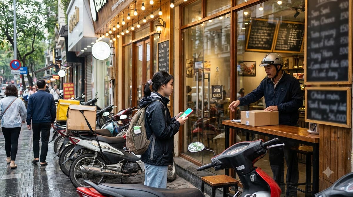 Khách hàng xem điện thoại trước quán cà phê và cửa hàng ven phố