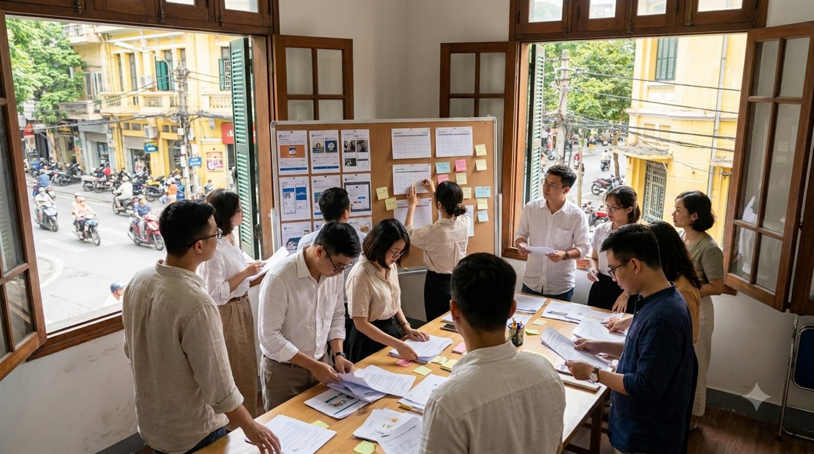 A Vietnamese marketing team arranging campaign mockups in a meeting room overlooking the street