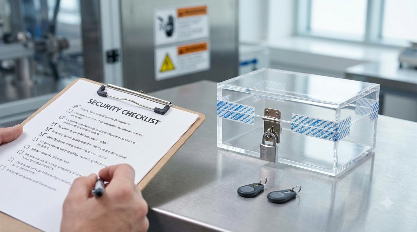 Security checklist, locked network port, and security devices on a metal table