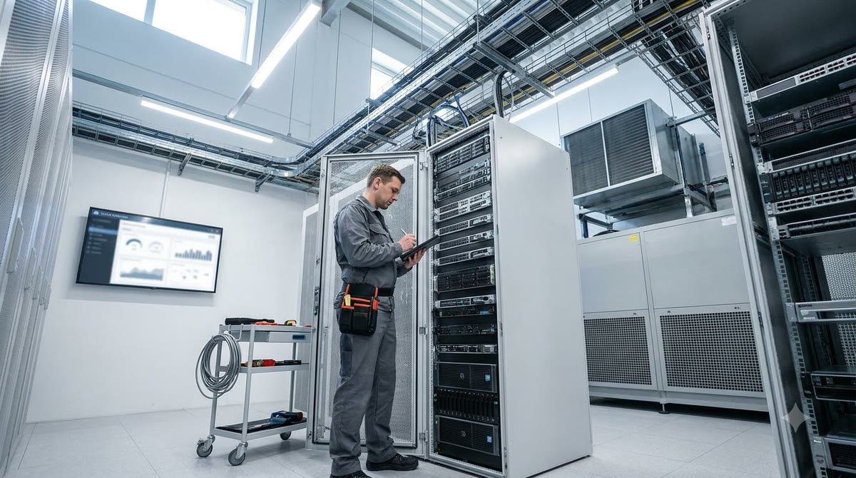 Kỹ thuật viên đứng cạnh dàn thiết bị quản trị website trong phòng máy