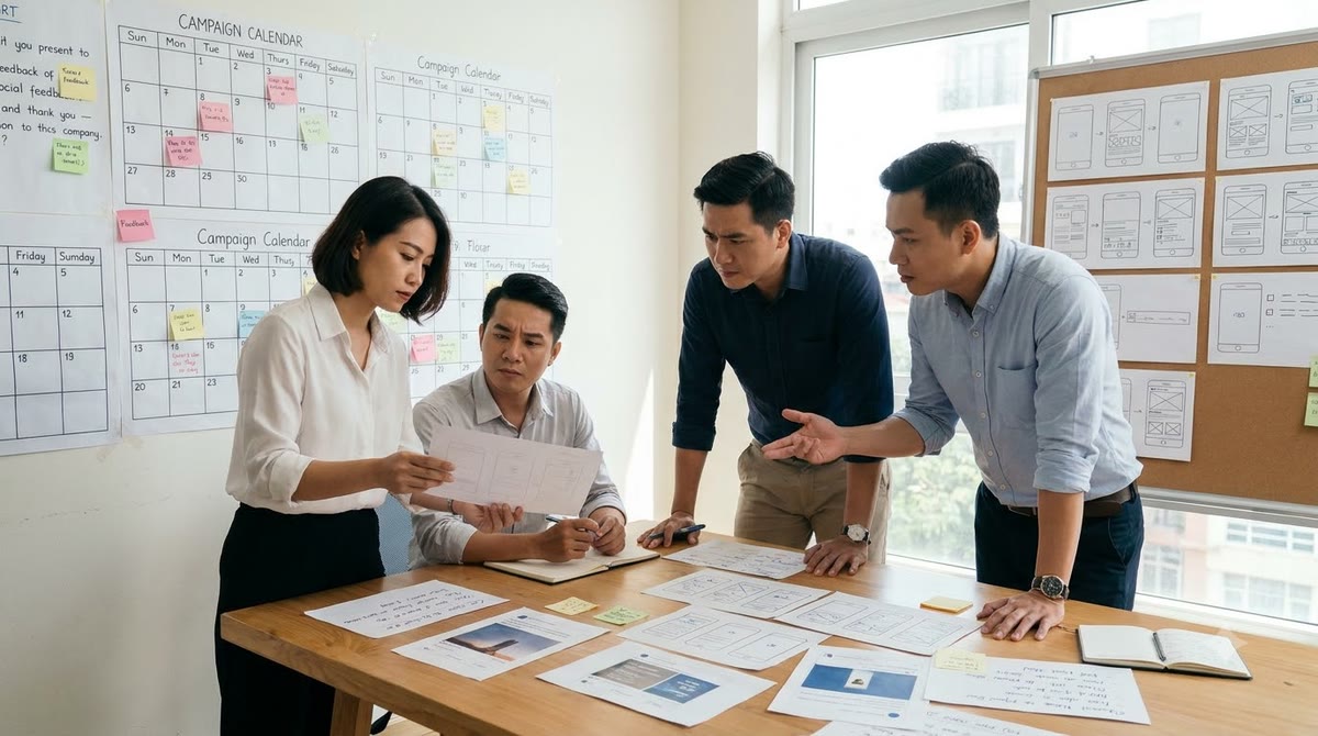 A Vietnamese marketing team reviewing printouts and the content calendar before publishing