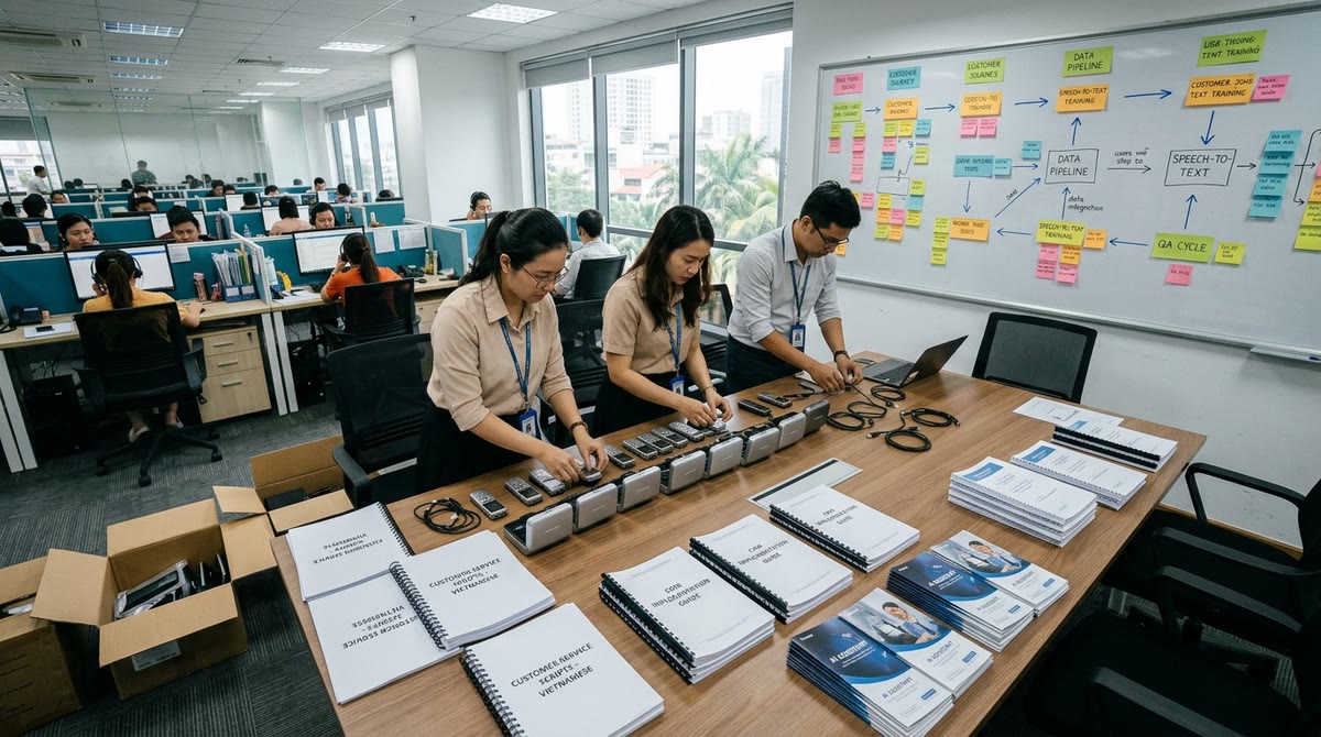 Nhóm triển khai AI trong văn phòng Việt Nam với bảng quy trình và tài liệu in