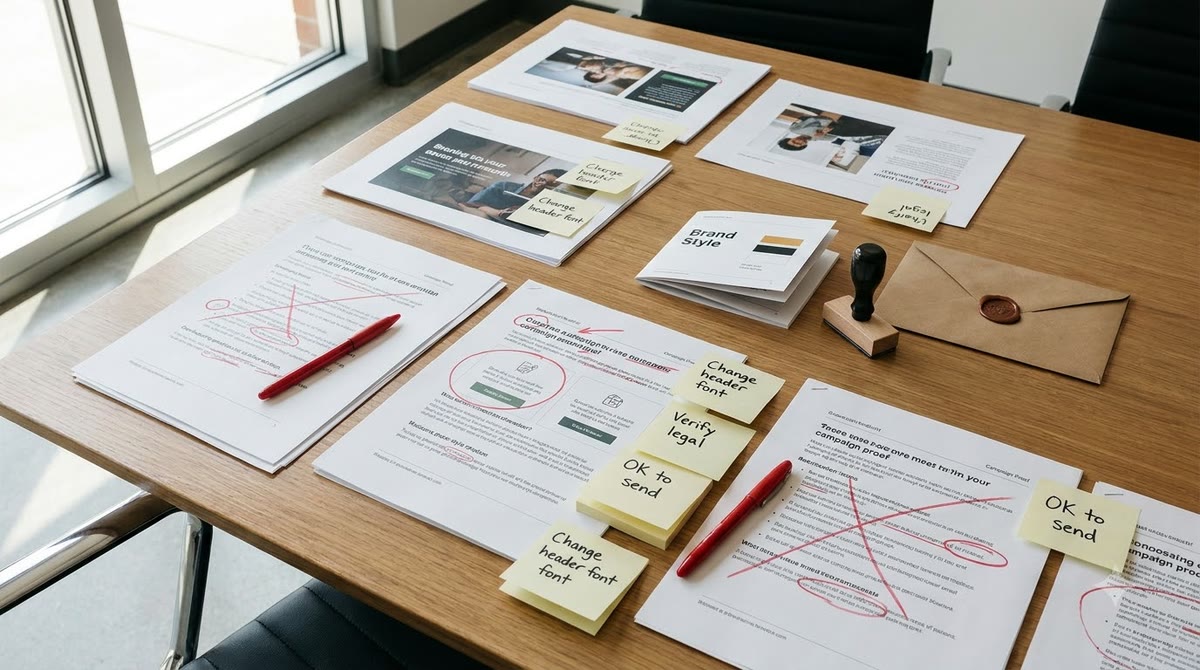 Printed branded email, red pen, and approval papers being reviewed on a desk