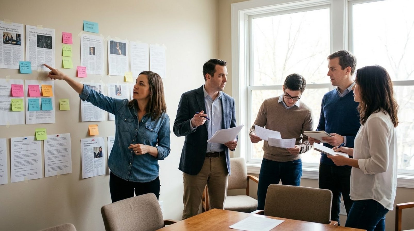 Nhóm marketing, sales và sản phẩm cùng thảo luận trên các trang in dán kín tường