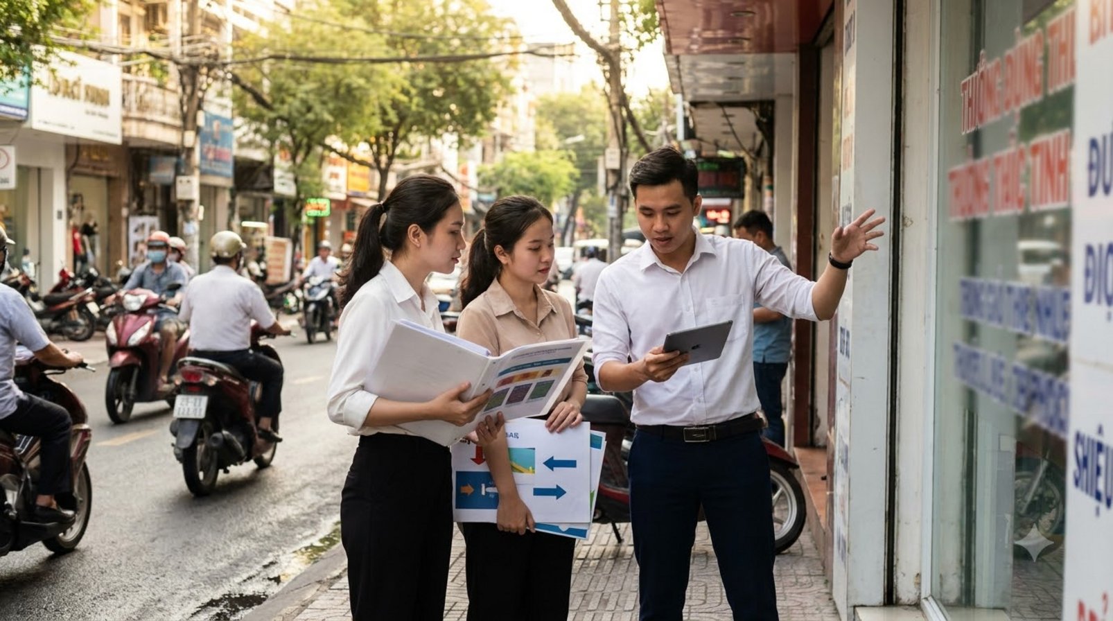 Nhóm marketing Việt Nam cầm mockup in giấy trên phố buổi chiều