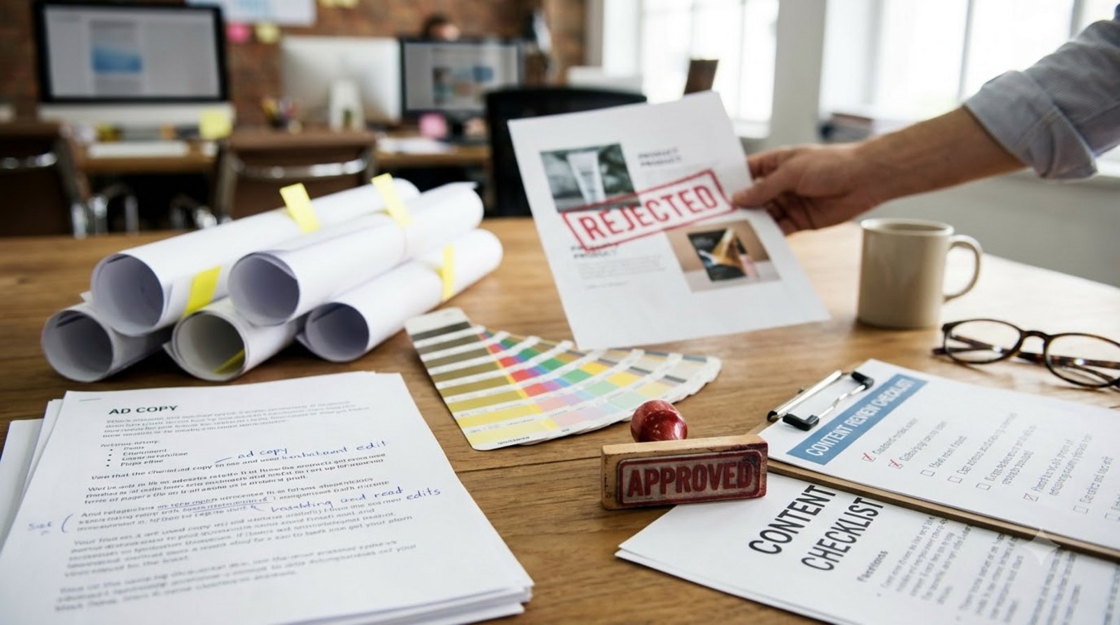 Printed ads marked with errors lying on a review desk with file clips and a red stamp