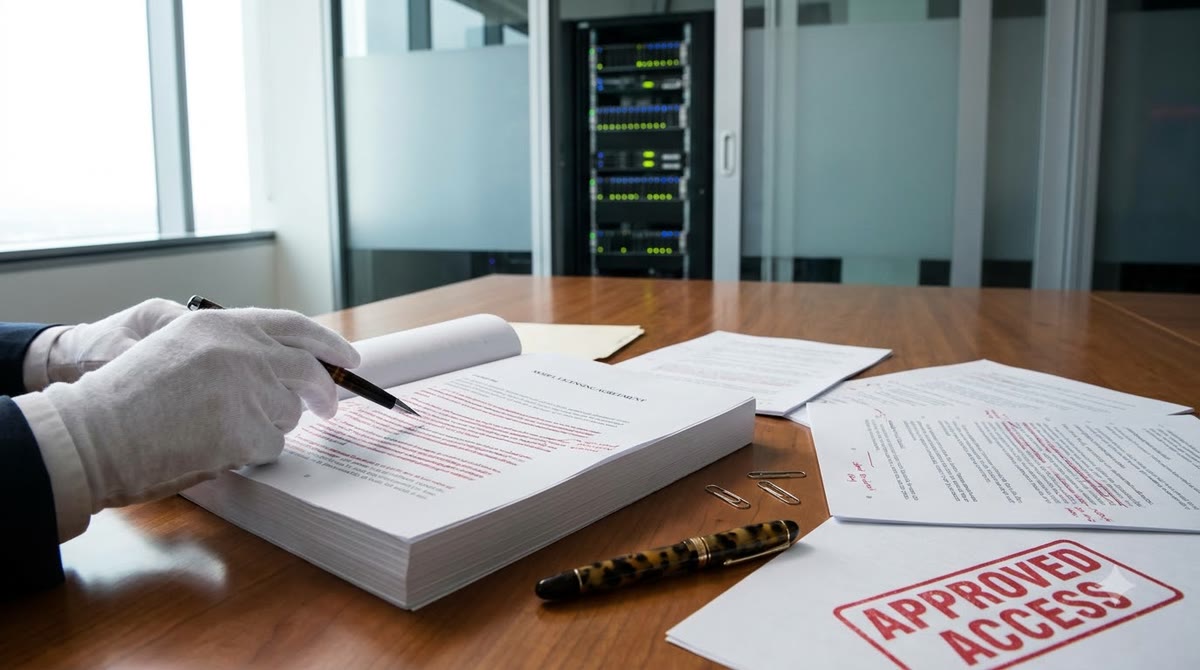A printed contract being carefully reviewed beside a server room