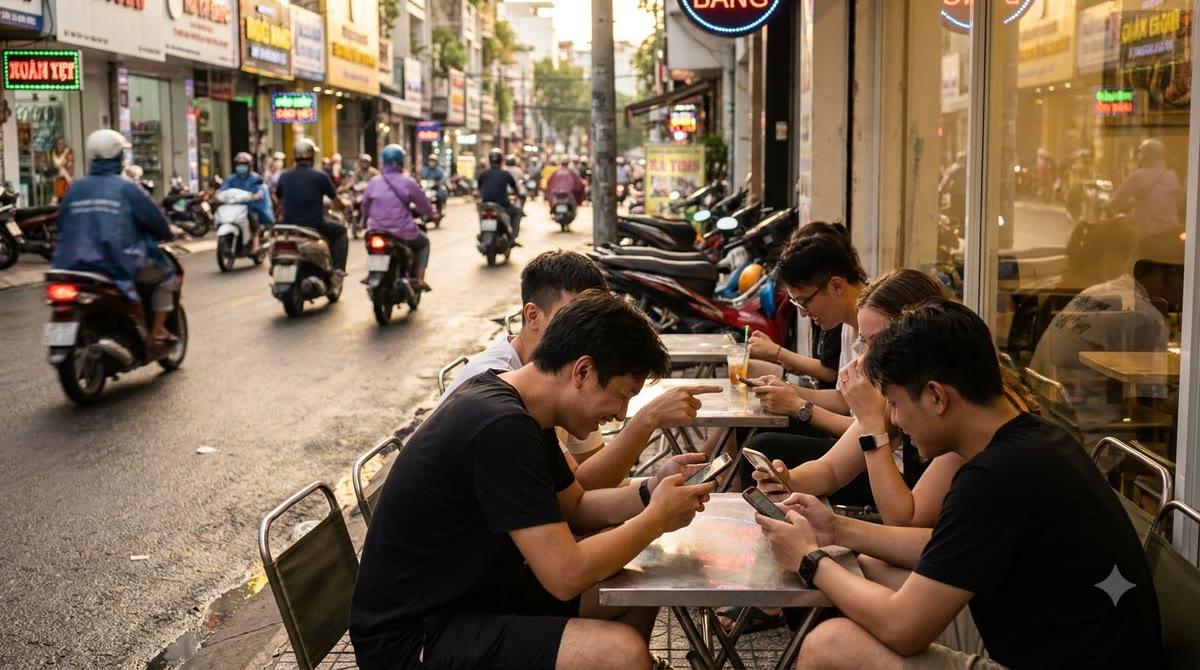 Người trẻ ở quán cà phê vỉa hè dùng điện thoại giữa khung cảnh đường phố