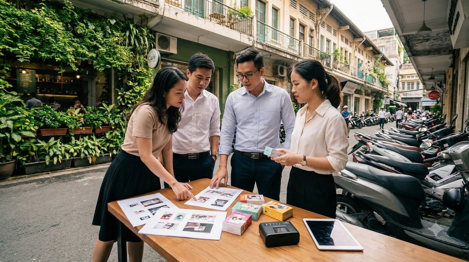 Nhóm marketing trao đổi bản in chiến dịch giữa sân làm việc ngoài trời ở Sài Gòn
