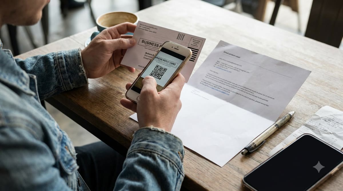 Người xem rà soát thông tin liên hệ trên thẻ giấy cạnh bản in email