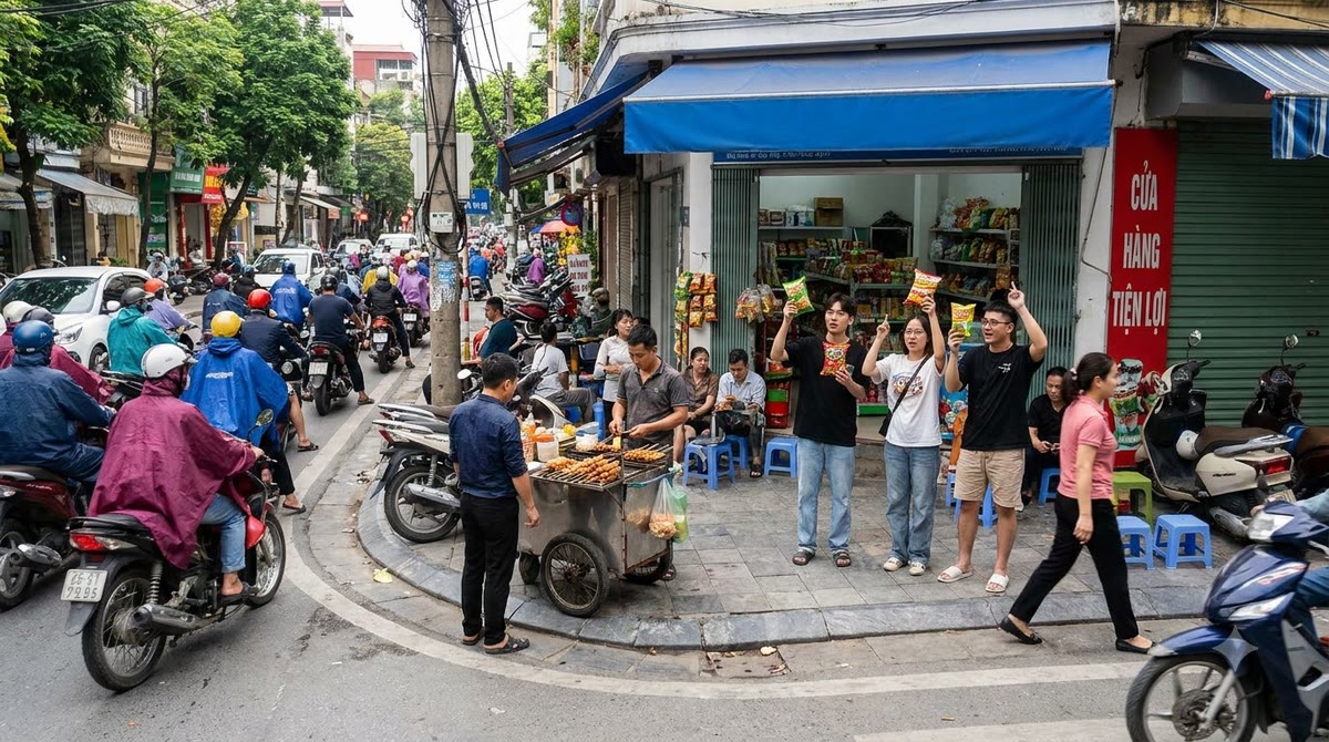 Phố Việt Nam đông xe máy trước cửa hàng tiện lợi, người trẻ xem hàng