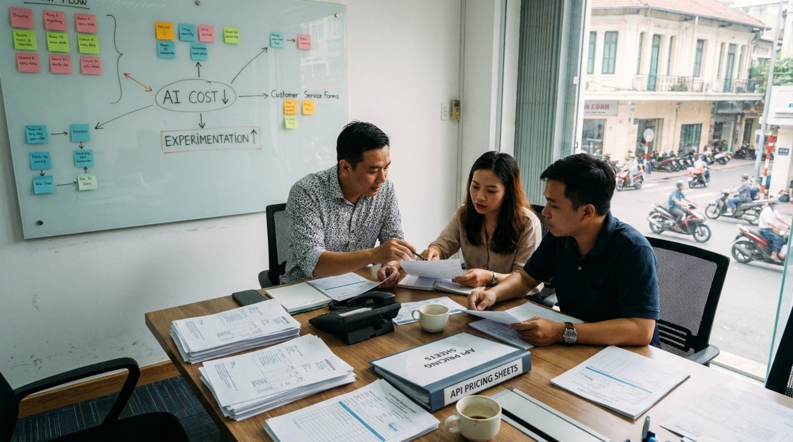 Nhân viên doanh nghiệp xem hóa đơn, ghi chú và bảng giá AI trên bàn họp nhỏ