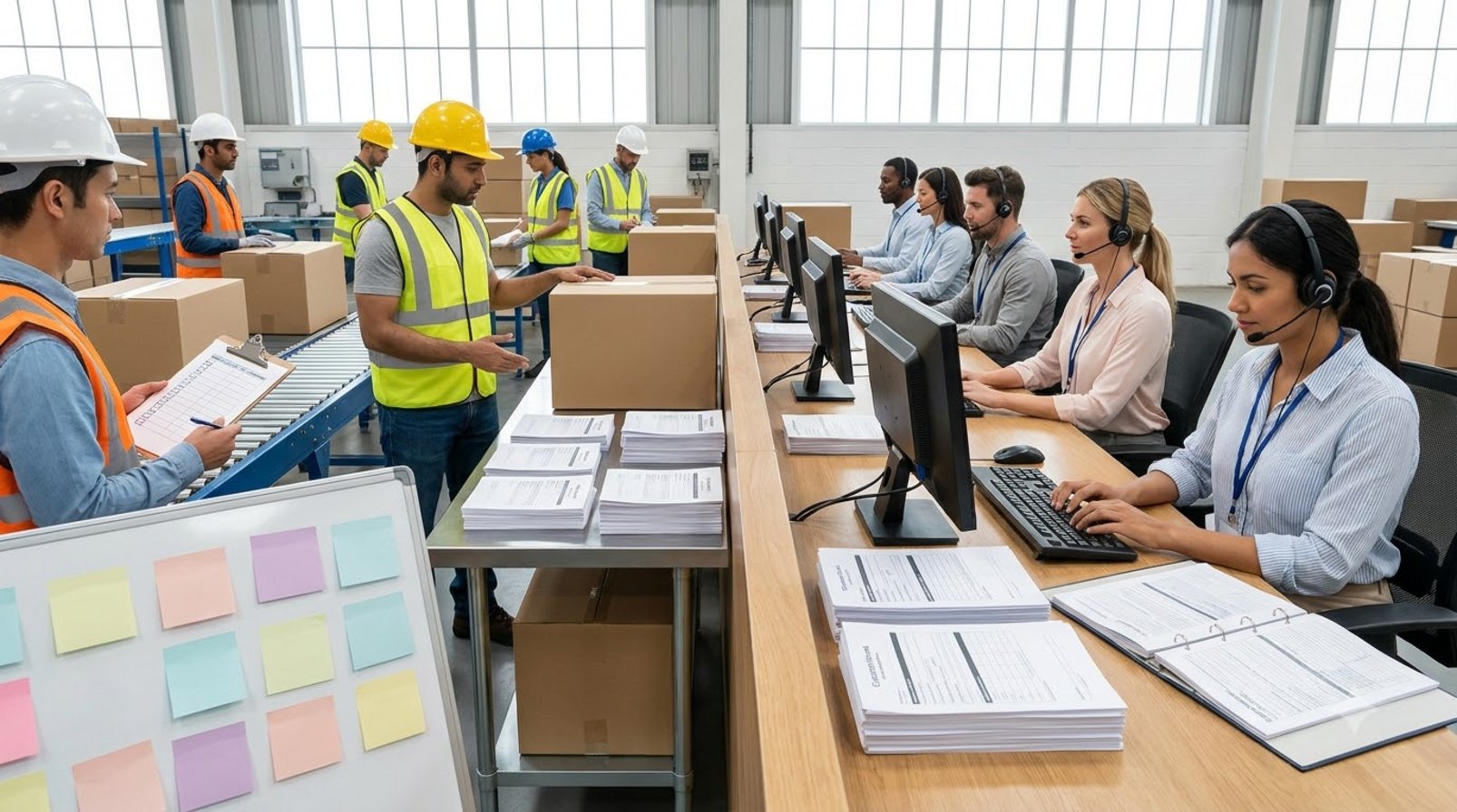 Công nhân và nhân viên chăm sóc khách hàng phối hợp quanh checklist và biểu mẫu in sẵn