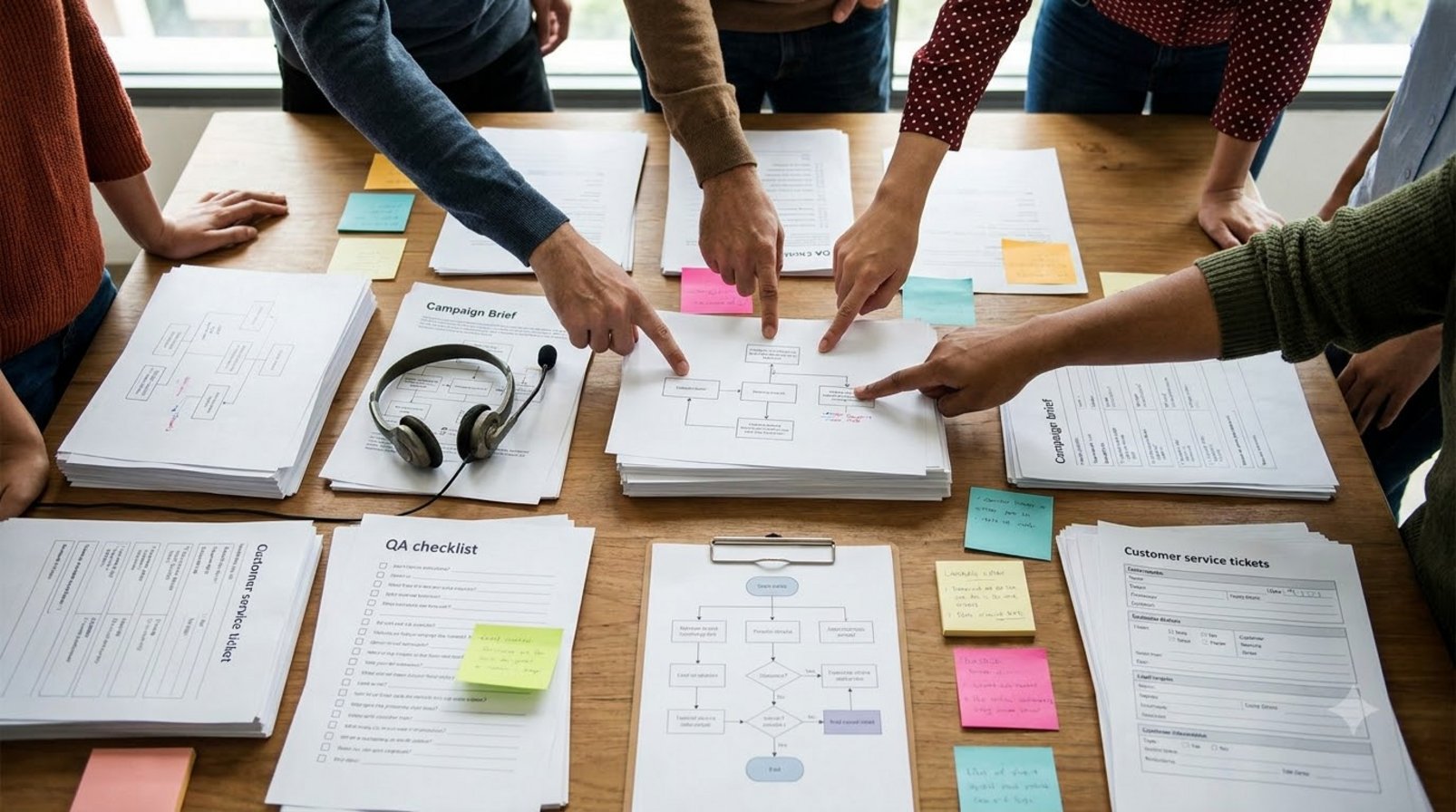 Mặt bàn vận hành marketing phủ đầy biểu mẫu, checklist và giấy ghi chú