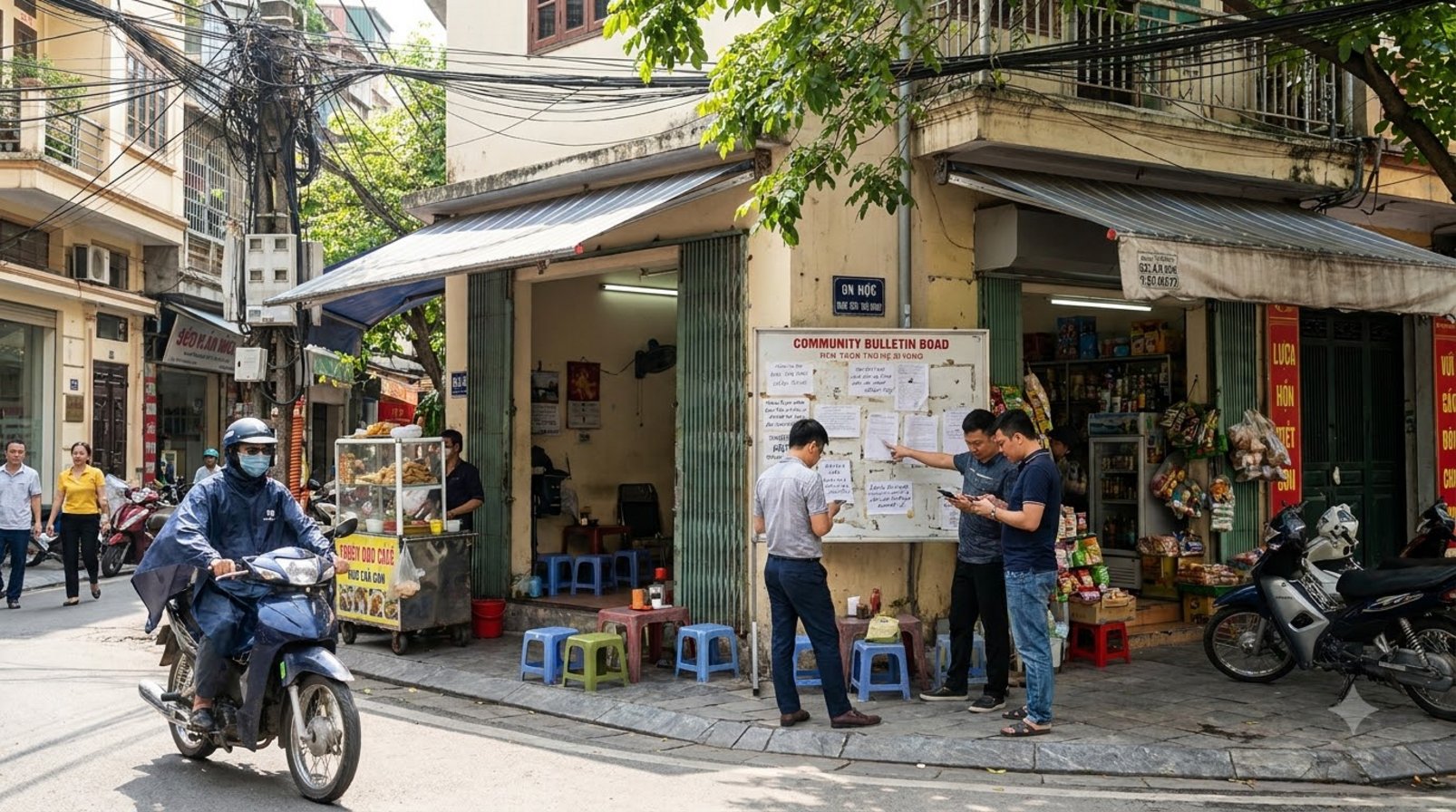 Phố Việt Nam tấp nập với quán cà phê, xe máy và người dùng điện thoại