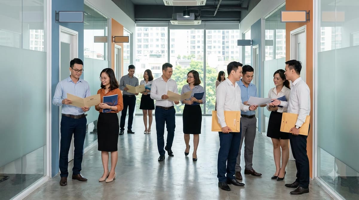Hành lang văn phòng Việt Nam với nhiều bộ phận đi qua cùng bộ nhận diện thống nhất