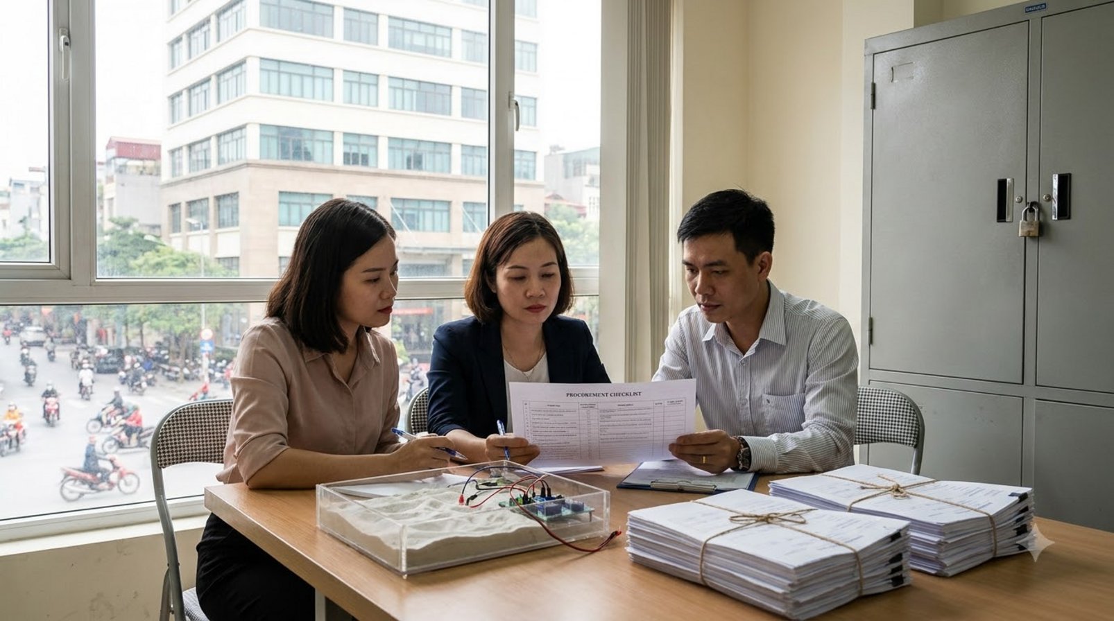 Phòng họp doanh nghiệp Việt Nam xem checklist mua AI bên tủ hồ sơ khóa kín