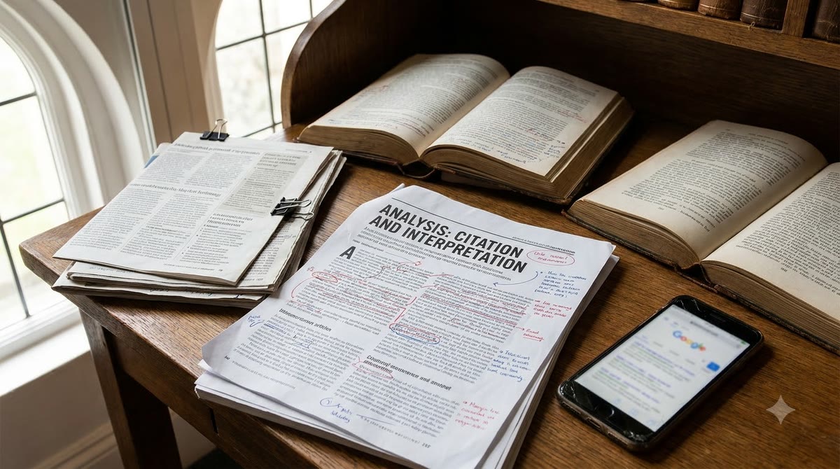 A printed article marked by hand beside an open book and note pages