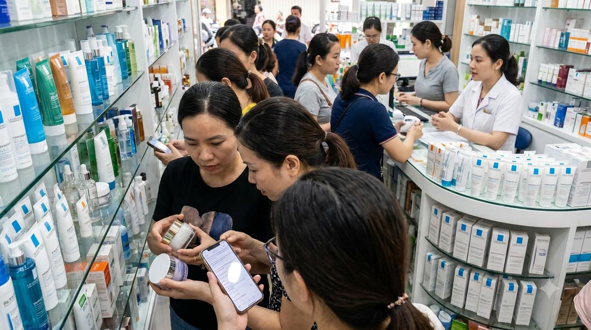 Người mua ở cửa hàng mỹ phẩm Sài Gòn so sánh nhãn thành phần và xem demo sản phẩm