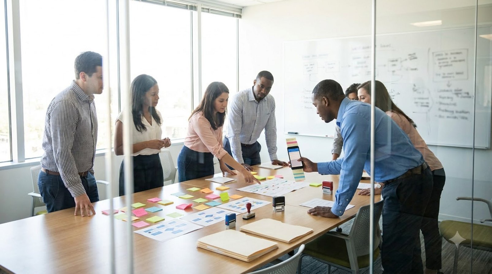 Nhóm marketing xem sơ đồ quy trình, hồ sơ kiểm duyệt và tài liệu vận hành trên bàn họp