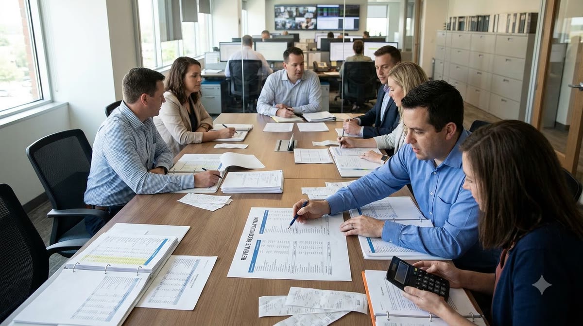 A meeting table covered with revenue reports, invoices, and printed spreadsheets