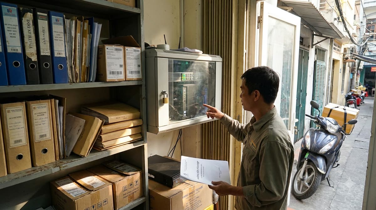Kho văn phòng doanh nghiệp nhỏ với tủ máy chủ, hồ sơ và tài liệu tích hợp
