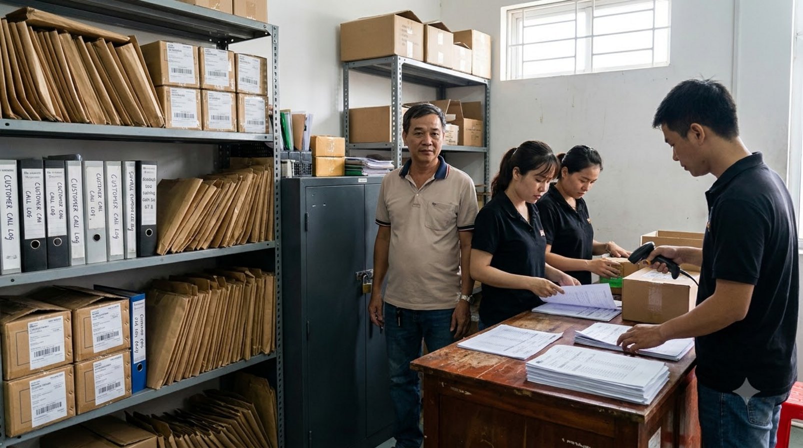 Quản lý đứng cạnh hồ sơ giấy, tủ khóa và phiếu giao hàng trong kho nhỏ