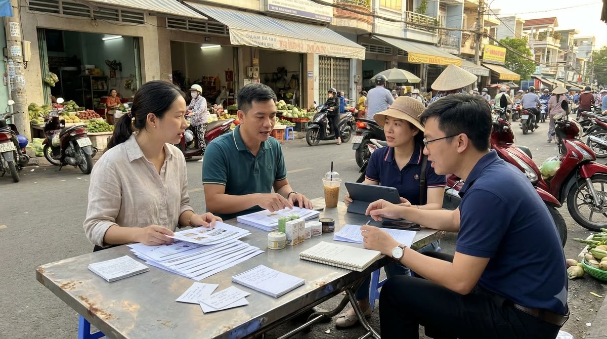 Nhóm marketing xem đánh giá in, mẫu sản phẩm và ghi chú giữa chợ phố Việt Nam