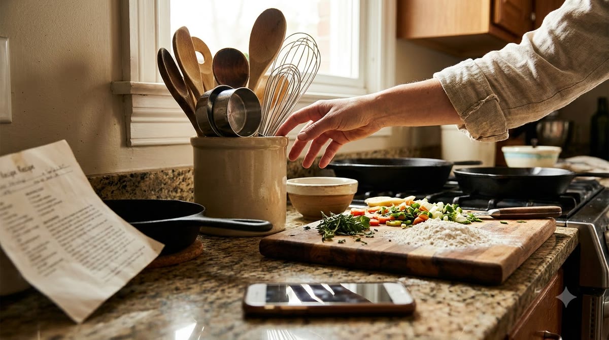 Cận cảnh bếp gia đình với thìa đong và dụng cụ nấu ăn được lấy thêm