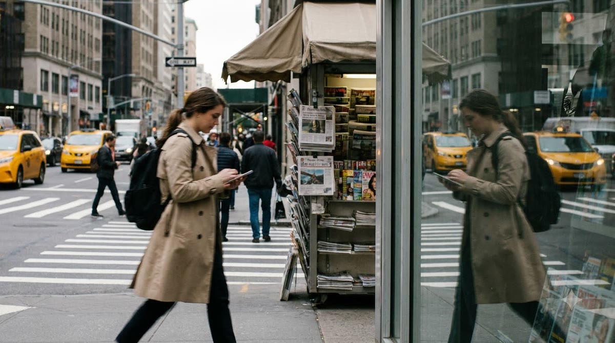 A pedestrian walking through a crowded street, reflected in shop windows and a newsstand