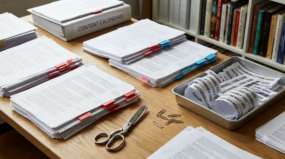 Printed articles on the same topic, colored clips, and stacked documents