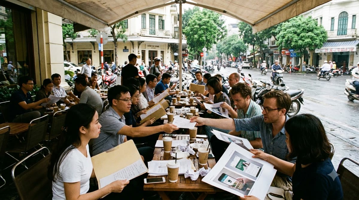 Nhóm marketing và sales trao đổi giấy tờ, proposal, bản dịch ở quán cà phê ngoài trời