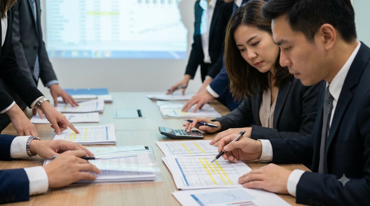Group of people reviewing a printed budget sheet in a finance meeting room